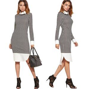 Womens Chic Houndstooth Dress 8 Black White Shift Collar Cuffs Long Sleeve Work